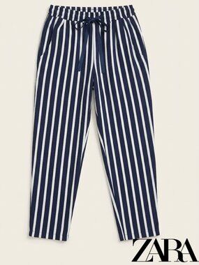 ZARA Navy & White Vertical Stripe with Tie Waist  Pant - SZ L